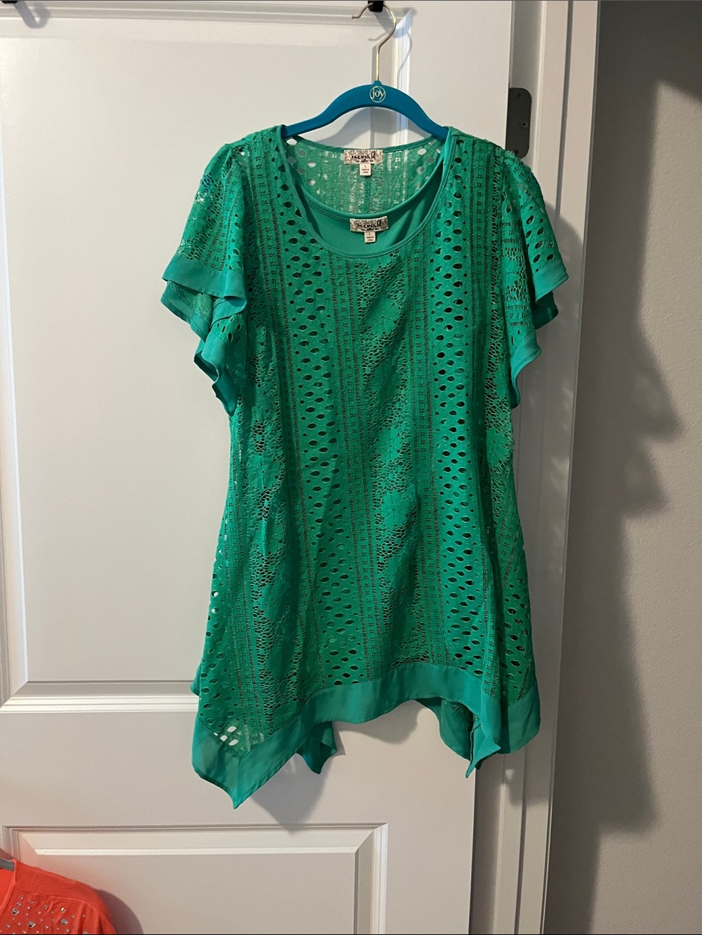 ONE WORLD Green Eyelet Layered Tunic Top